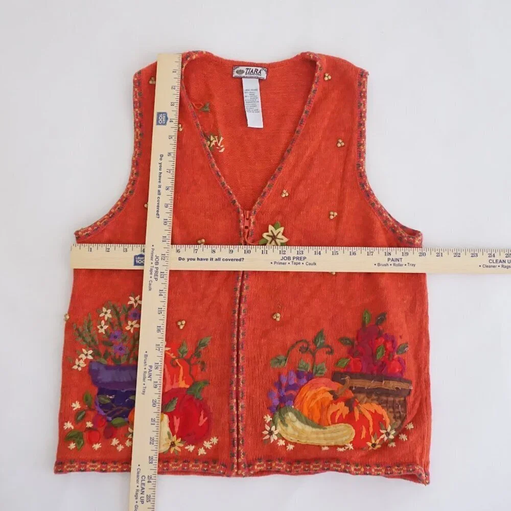Vintage Tiara Orange Embroidered Pumpkin Harvest Halloween Folk Art Zip Vest L - Picture 3 of 9